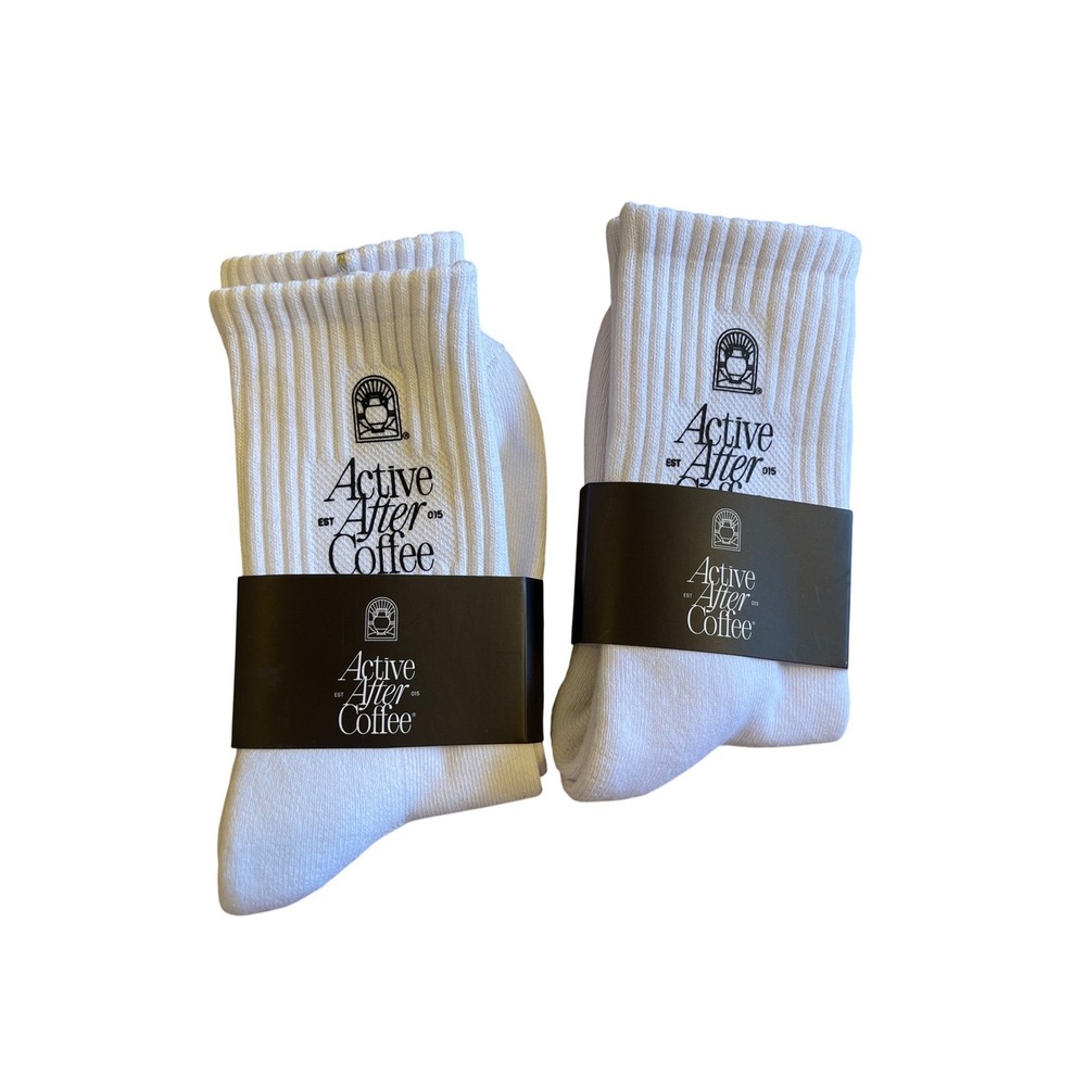Active After Coffee White Crew Socks 2 Pack Graphic Logo Athletic Ribbed Socks